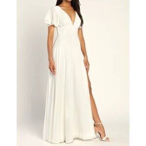 Lulus Promise Of Love White Flutter Sleeve Maxi Dress With V-Neck & Open Back L